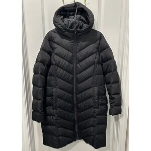 Lands End Puffer Jacket Women's Medium Black Down Fill Full Zip Hooded Winter